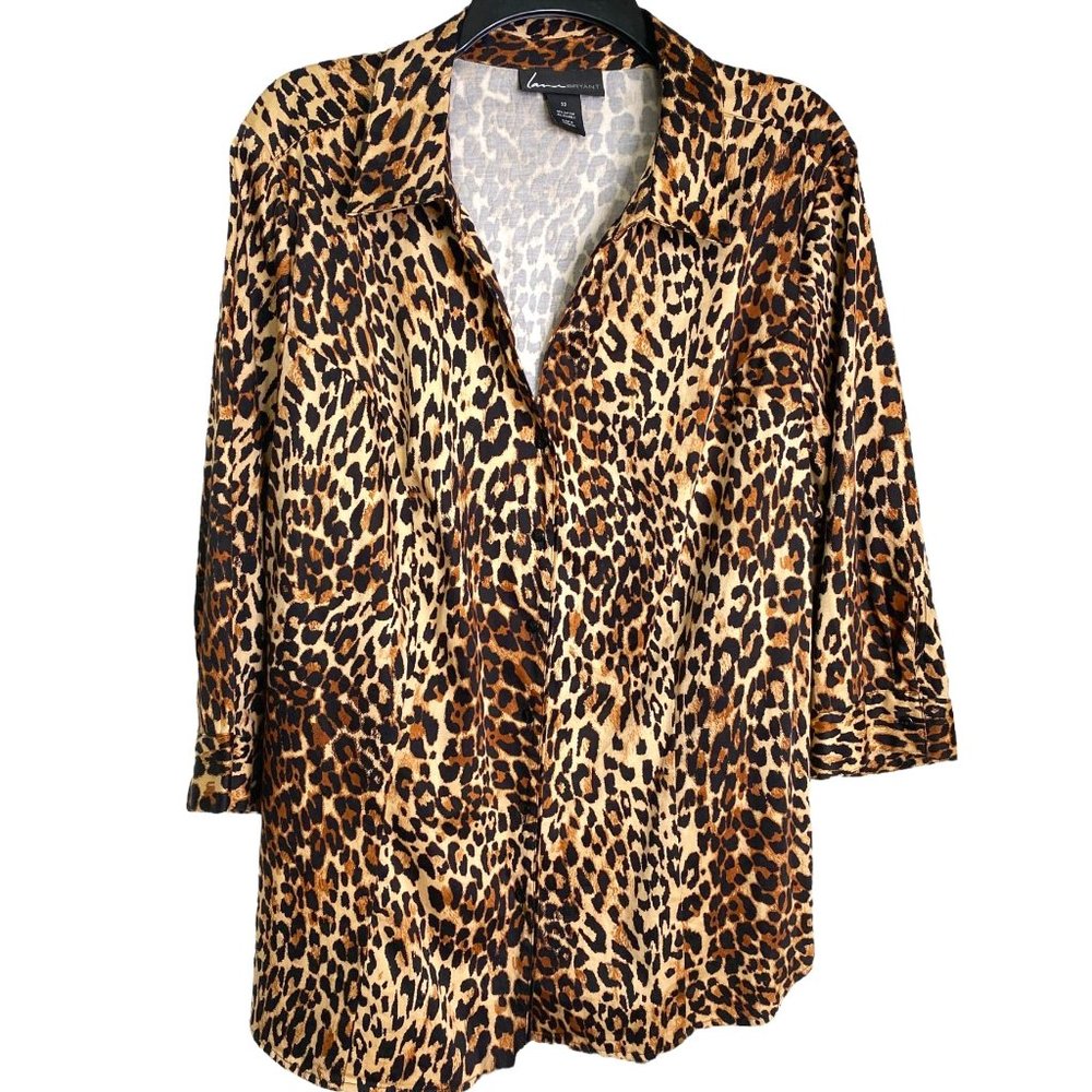 Lane Bryant Women’s Size 22 Leopard Print Button Front Stretch Blouse Mobwife